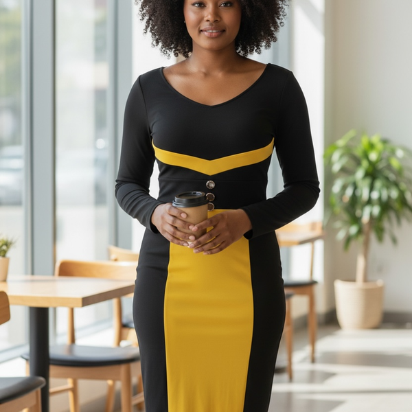 Fashion Mia Black and Yellow Colorblock Bodycon Midi Dress with Gold Buttons