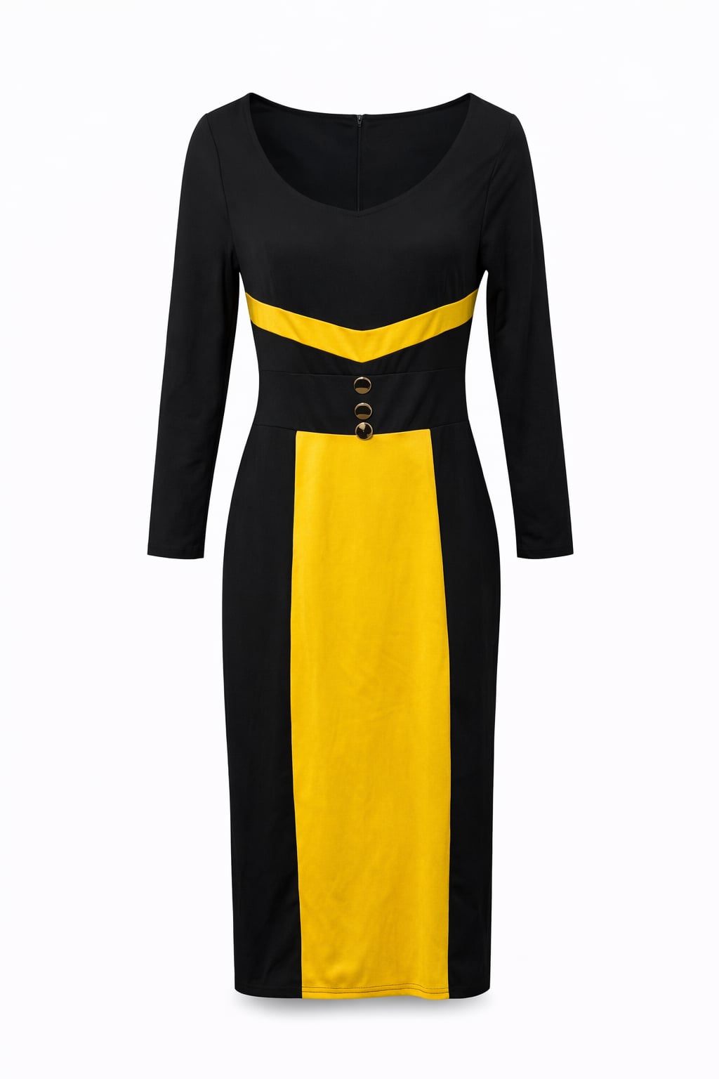 Fashion Mia Black and Yellow Colorblock Bodycon Midi Dress with Gold Buttons 3