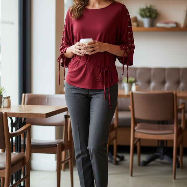 Women Boatneck Lace Up Trim Eyelet Sleeve Blouse Crimson Red