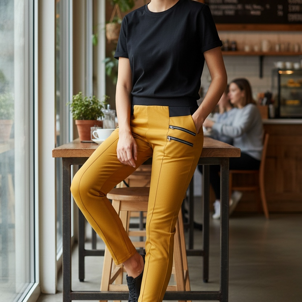 Bolf Women's Slim Fit Moto Style Stretchy Trousers with Zipper Pockets - Camel