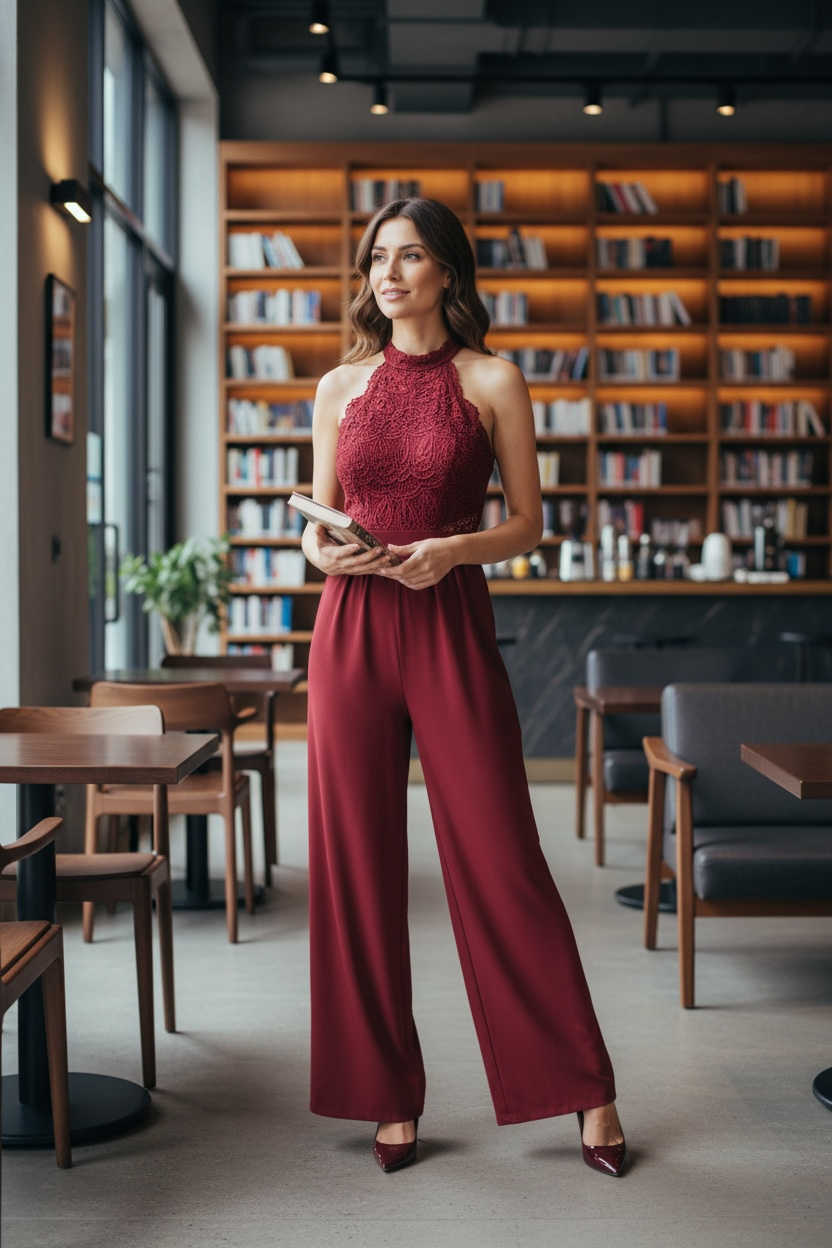 Wine Red Lace Backless Halter Jumpsuit 2
