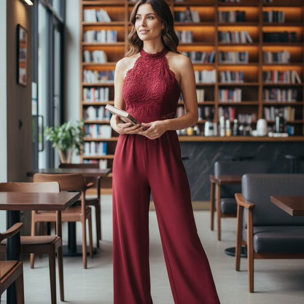 Wine Red Lace Backless Halter Jumpsuit