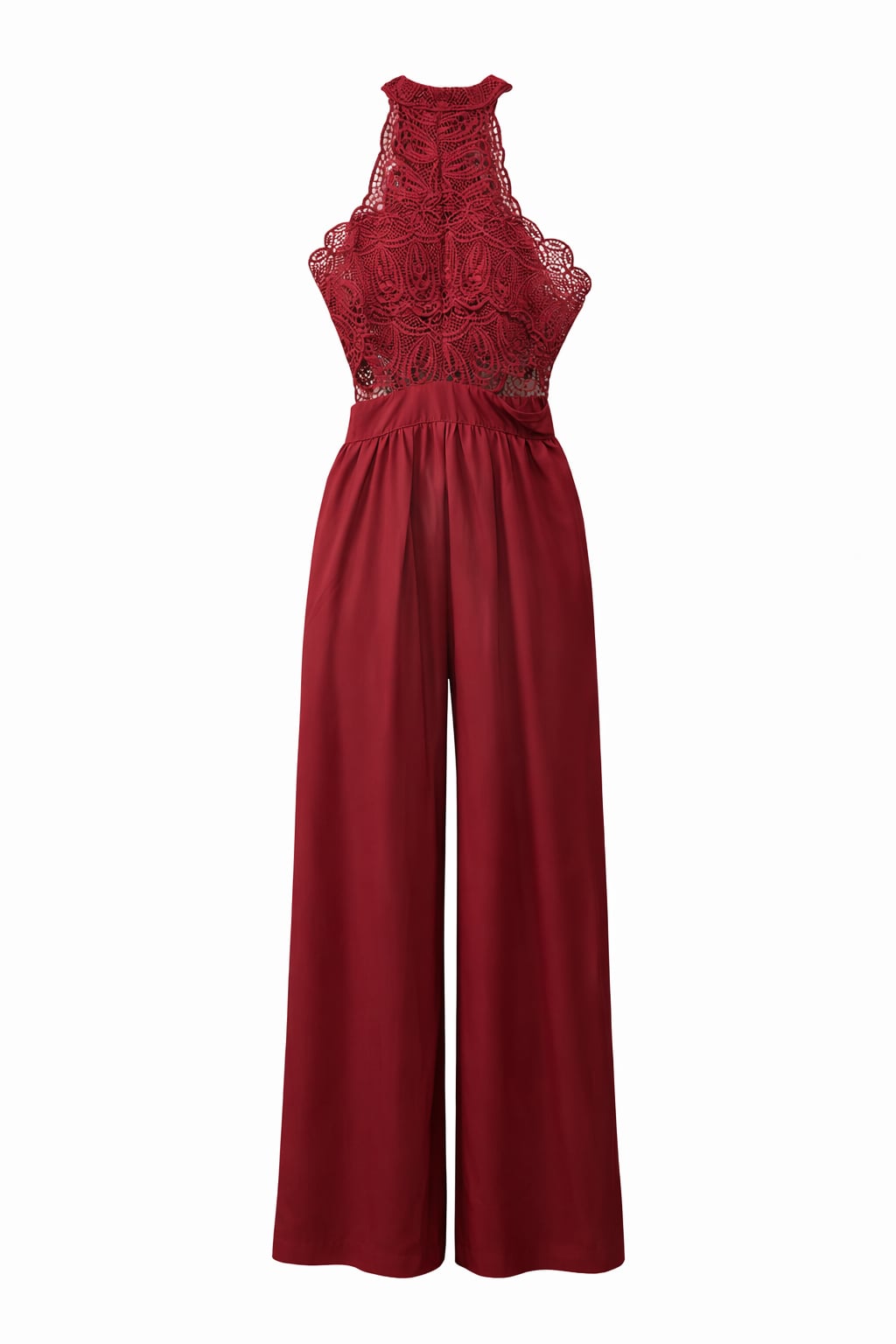Wine Red Lace Backless Halter Jumpsuit 3