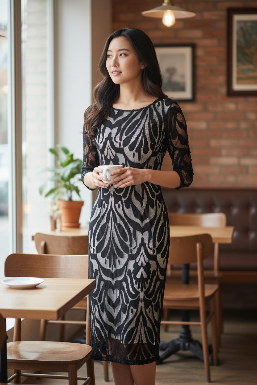 Black Damask Lace Midi Sheath Dress with 3/4 Sleeves 2