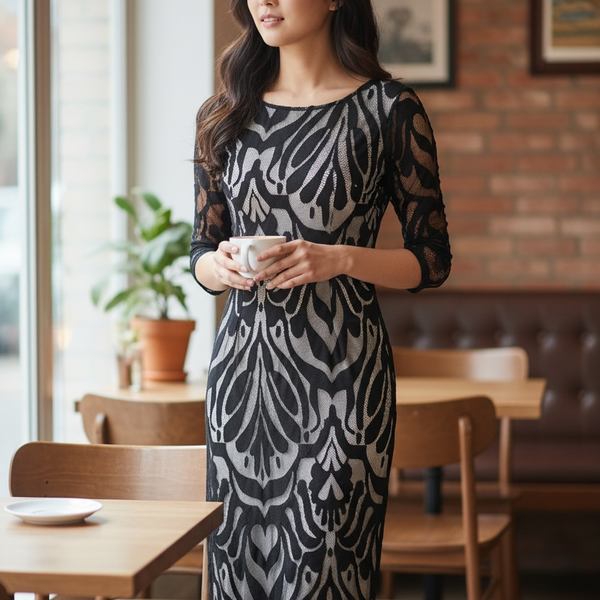 Black Damask Lace Midi Sheath Dress with 3/4 Sleeves