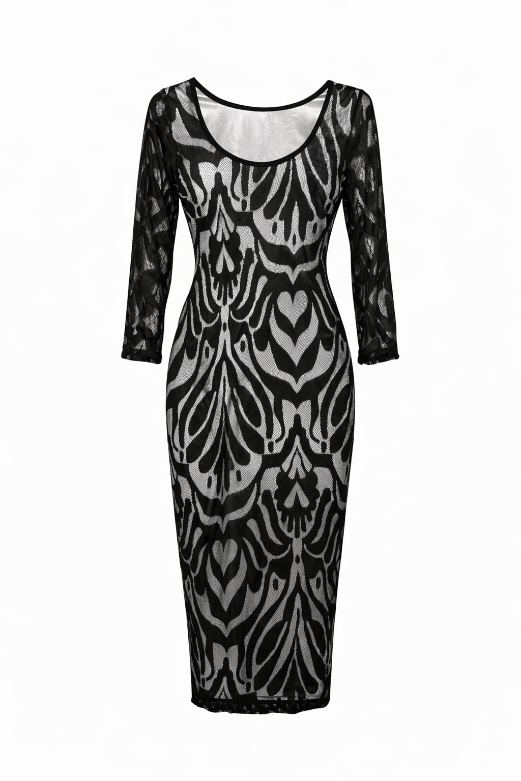 Black Damask Lace Midi Sheath Dress with 3/4 Sleeves 3