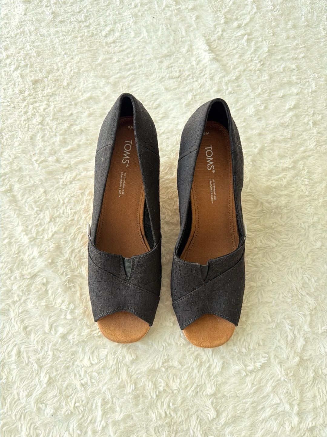 TOMS Women's Classic Canvas Open Toe Cork Wedge Sandals in Black 2