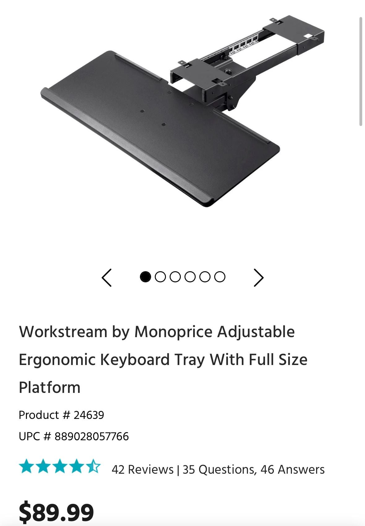 Workstream by Monoprice Adjustable Ergonomic Keyboard Tray With Full Size Platform 7