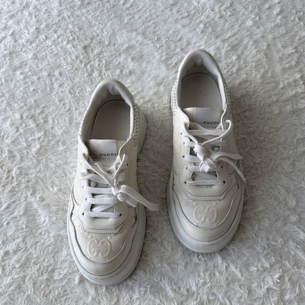 Gucci Chunky B GG Embossed Low Top Sneakers in White Leather