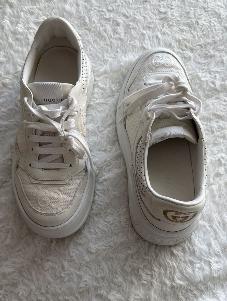 Gucci Chunky B GG Embossed Low Top Sneakers in White Leather 3