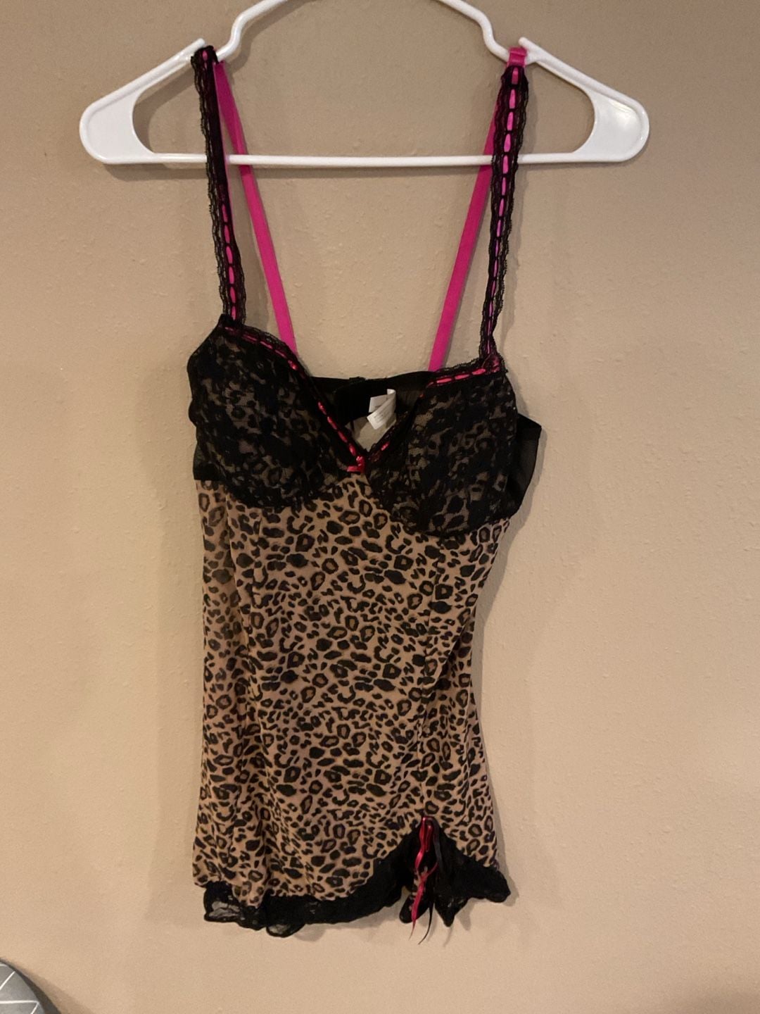 Vintage Rampage Leopard Print Lace Chemise Babydoll Lingerie with Pink Trim 1