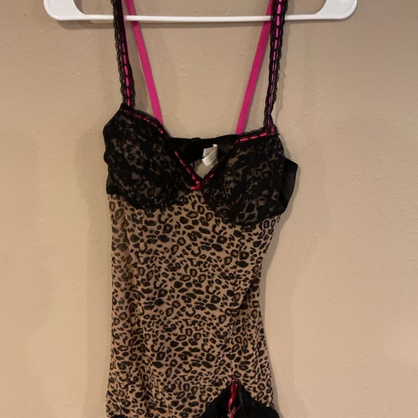 Vintage Rampage Leopard Print Lace Chemise Babydoll Lingerie with Pink Trim