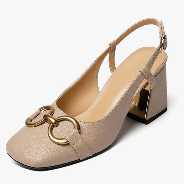 Vertundy Women's Slingback Square Toe Chunky High Heel Sandals with Gold Bit Detail