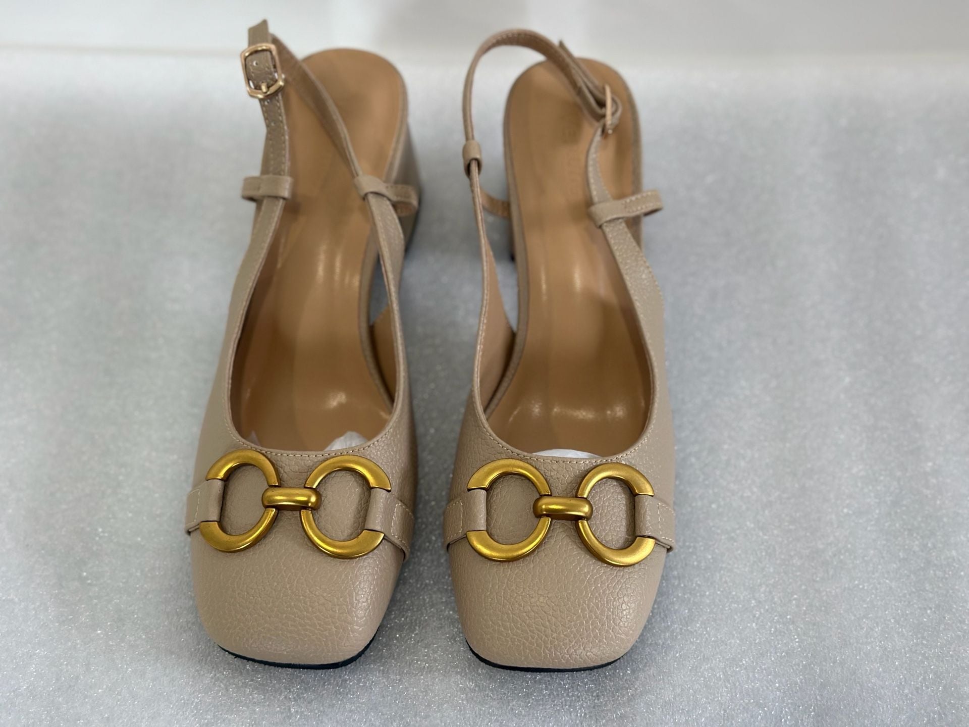 Vertundy Women's Slingback Square Toe Chunky High Heel Sandals with Gold Bit Detail 7