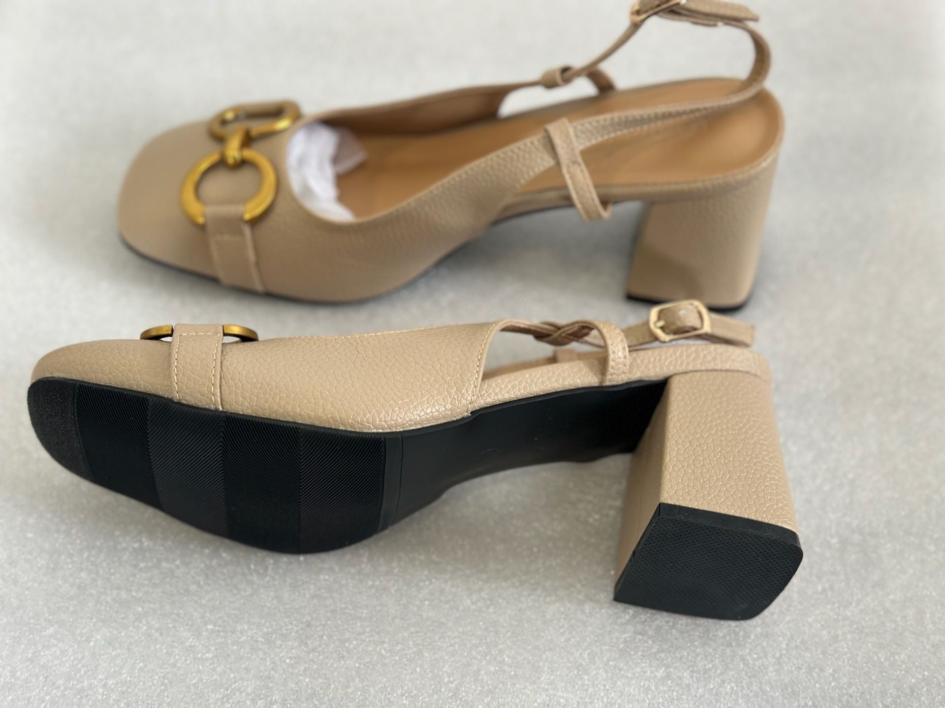 Vertundy Women's Slingback Square Toe Chunky High Heel Sandals with Gold Bit Detail 8