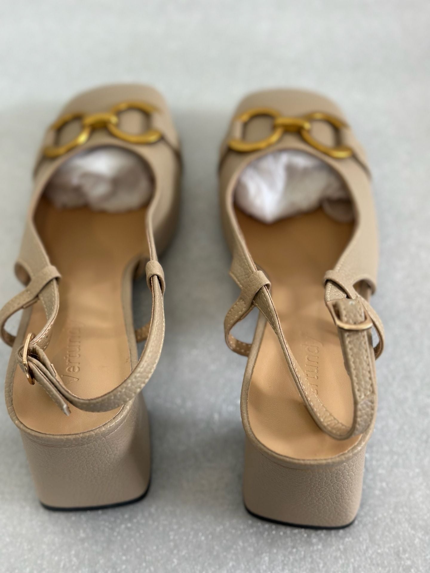 Vertundy Women's Slingback Square Toe Chunky High Heel Sandals with Gold Bit Detail 10