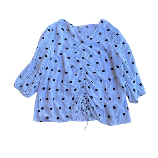 Cato White and Black Polka Dot Ruched Front V-Neck Blouse Size 14/16W
