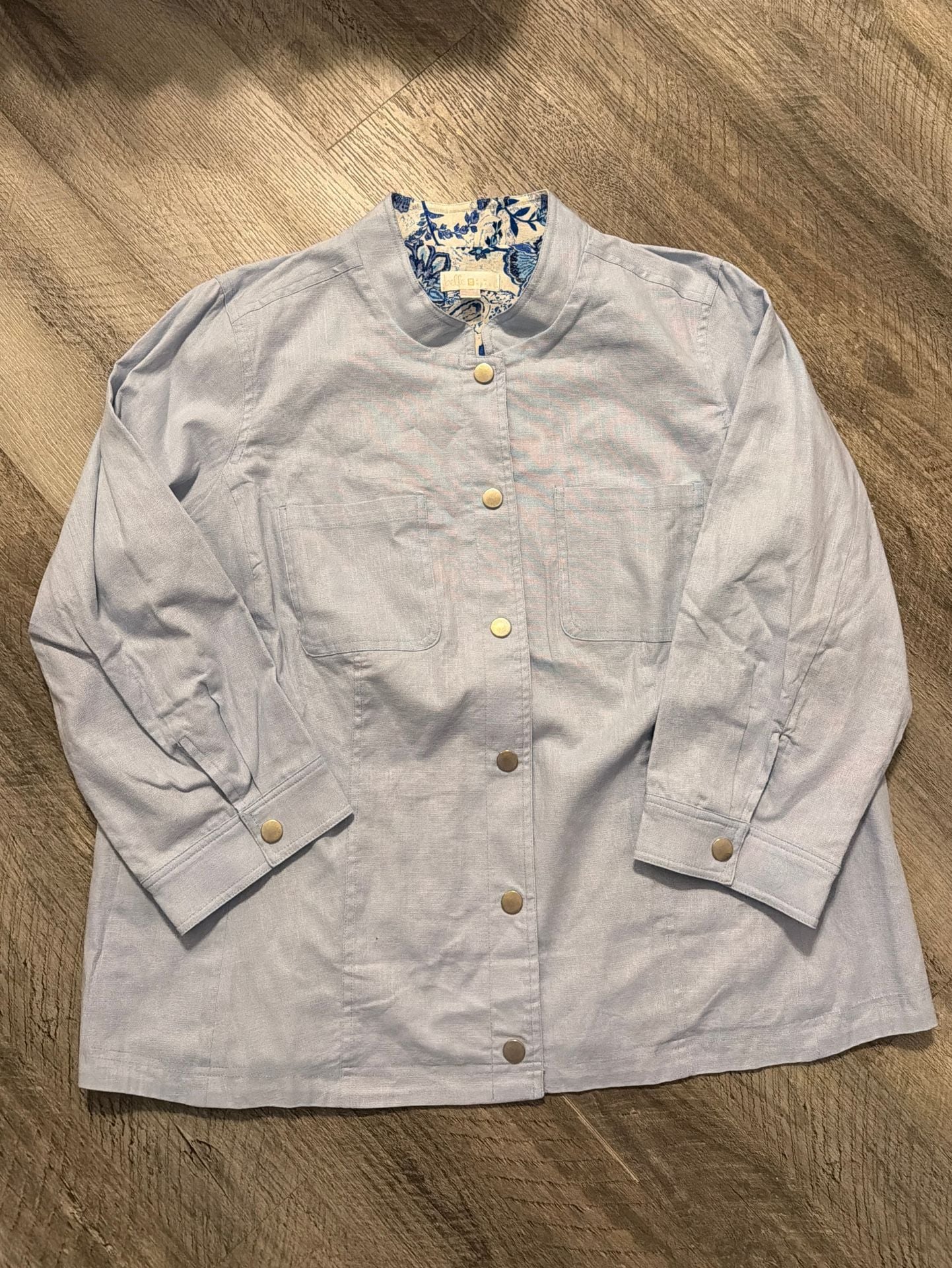 Belle by Kim Gravel Pale Blue Snap-Front Utility Jacket with Floral Lining Size 1x 2