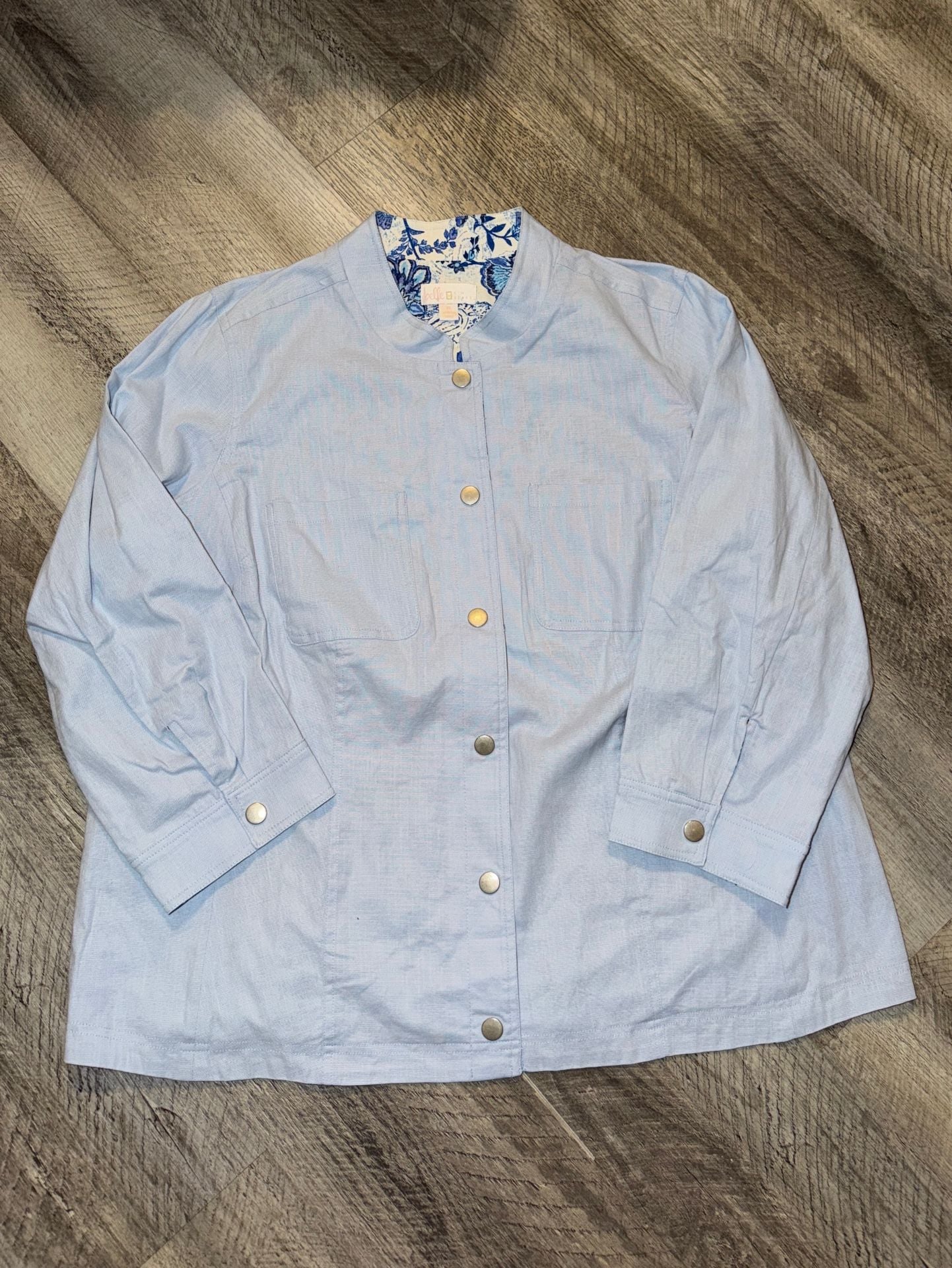 Belle by Kim Gravel Pale Blue Snap-Front Utility Jacket with Floral Lining Size 1x 4