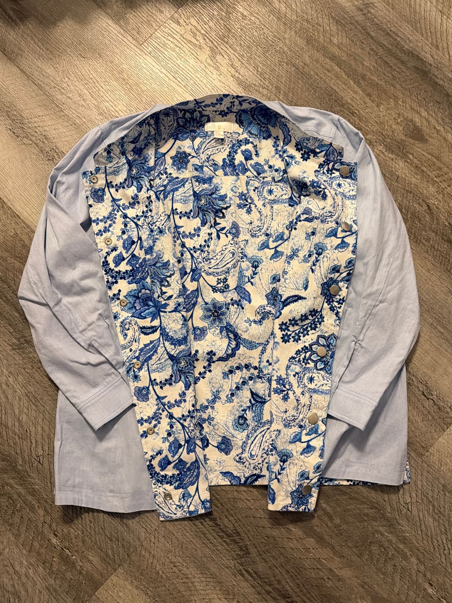 Belle by Kim Gravel Pale Blue Snap-Front Utility Jacket with Floral Lining Size 1x 5