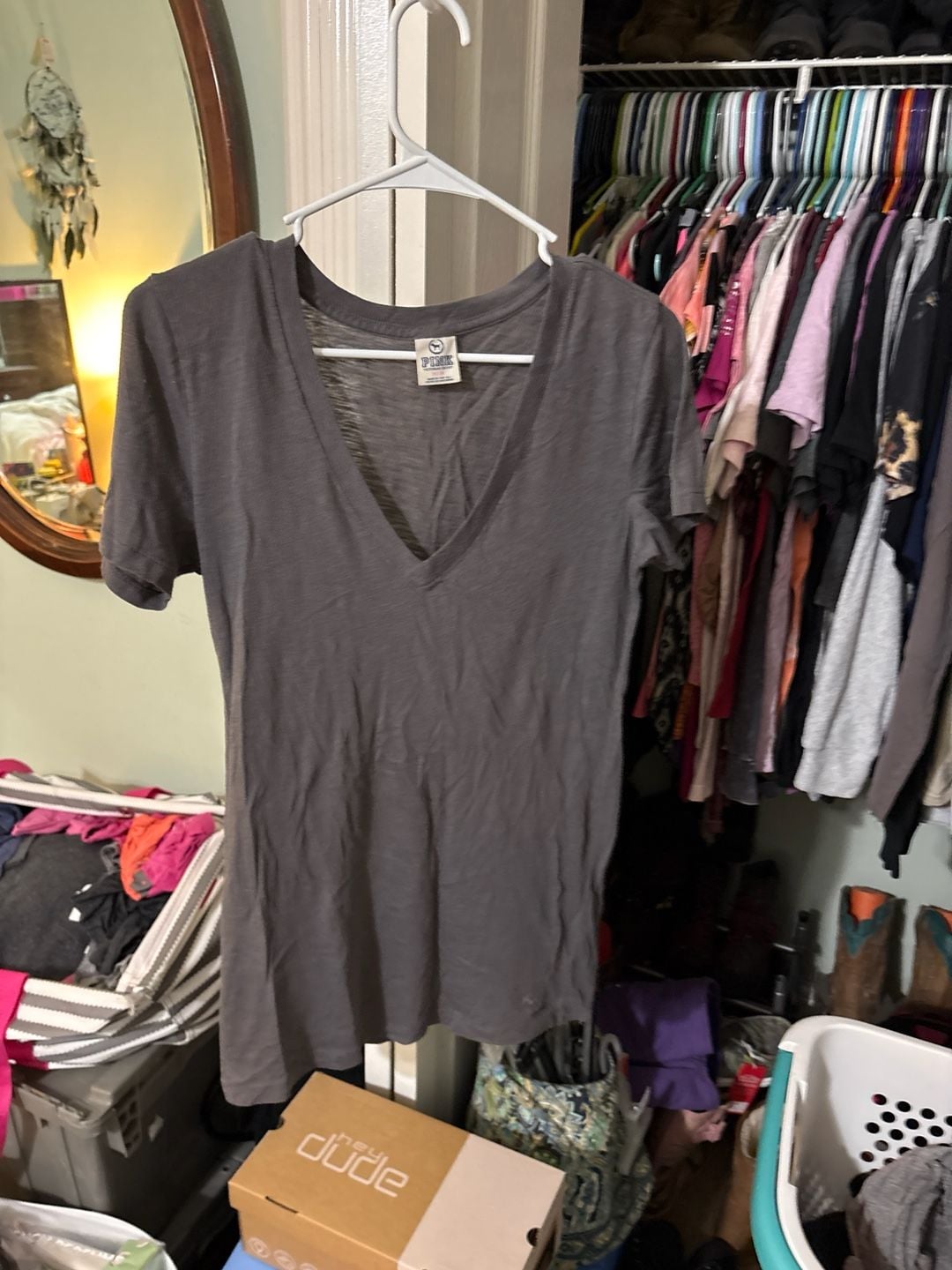 Victoria's Secret PINK Deep V-Neck Short Sleeve T-Shirt Grey Size Medium 2