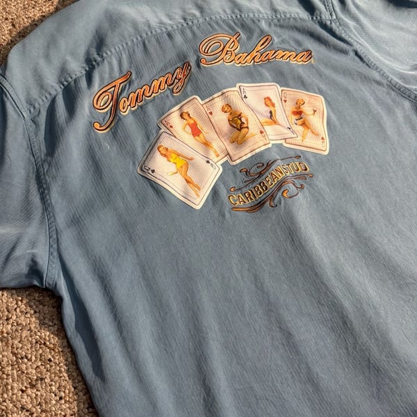 Tommy Bahama 100% Silk Caribbean Stud Pin-Up Girl Poker Cards Hawaiian Shirt