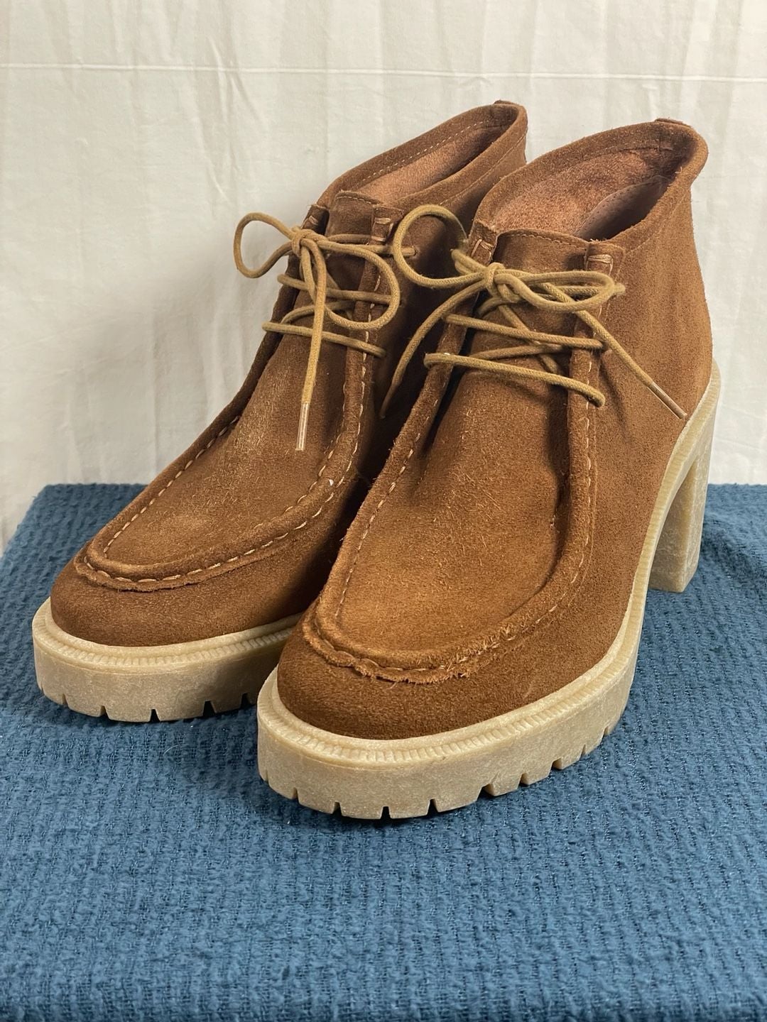 Lucky Brand Hollia Suede Lace-Up Lug Sole Heeled Booties in Cognac 2