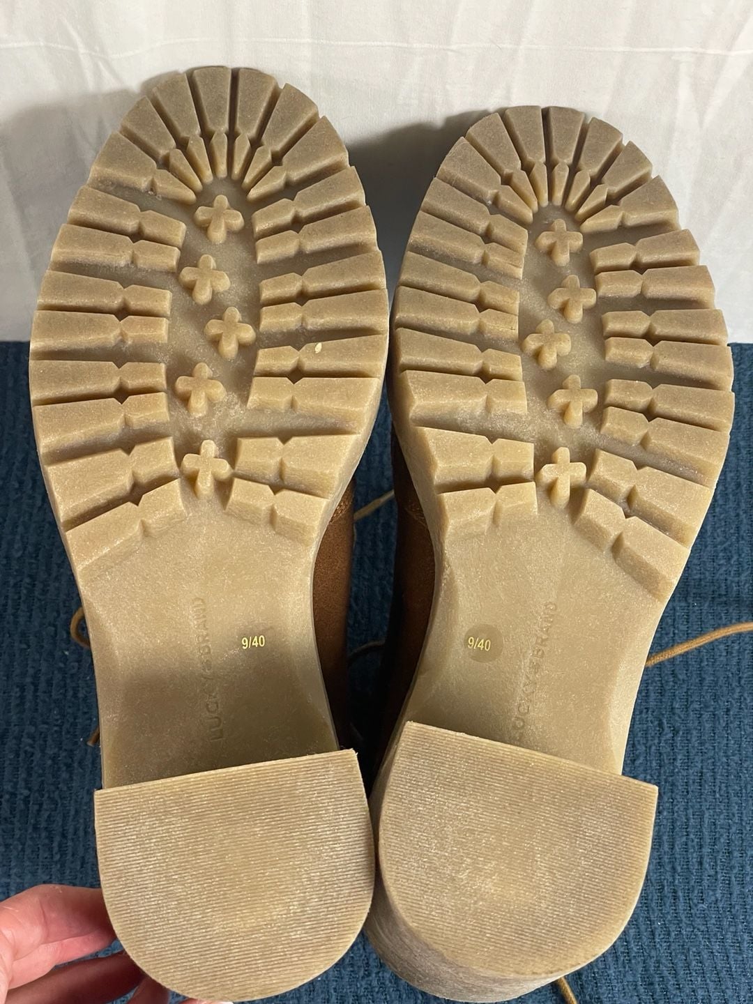 Lucky Brand Hollia Suede Lace-Up Lug Sole Heeled Booties in Cognac 10