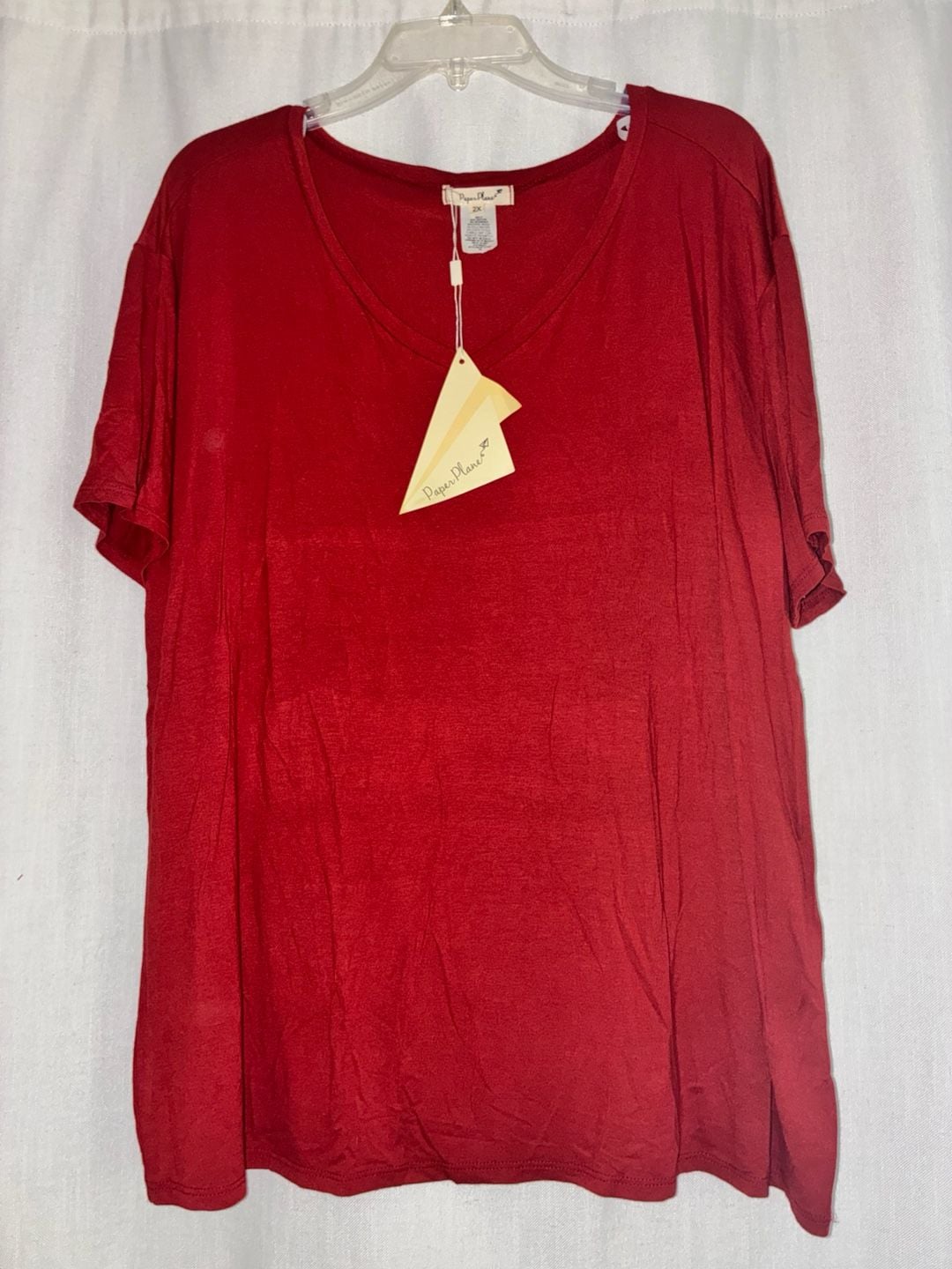 NWT Paper Plane Women's Plus Size 2X Red V-Neck Rayon Spandex Short Sleeve Tunic Top 2