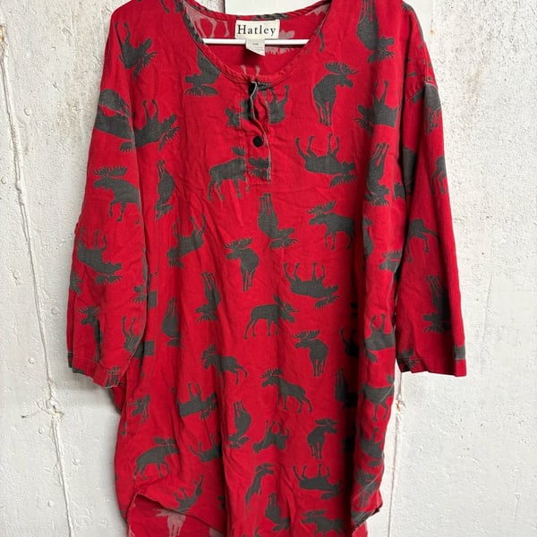 Hatley Red Moose All Over Print Flannel Henley Nightdress Nightgown