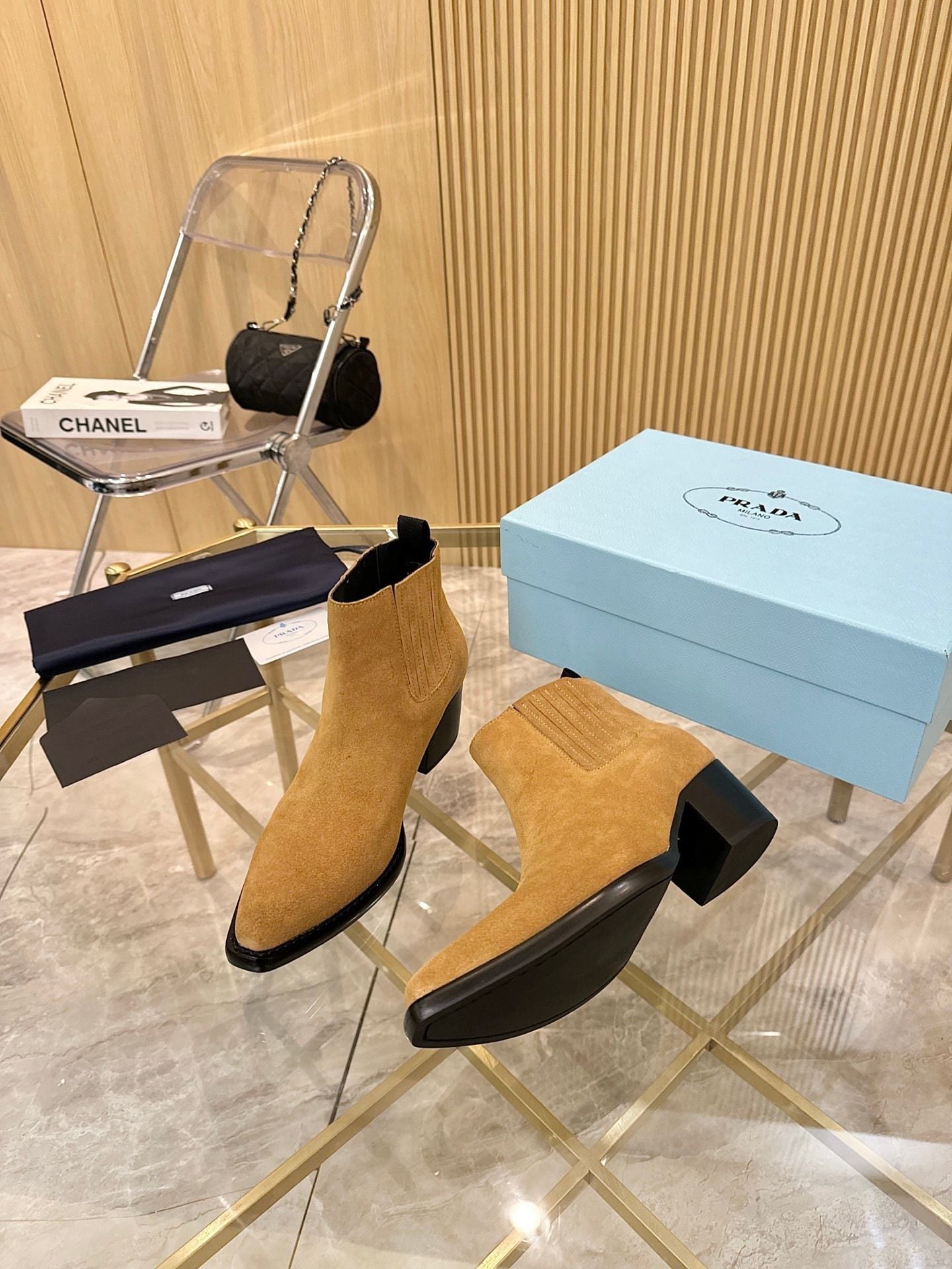 Prada Suede Pointed-Toe Chelsea Ankle Boots with Block Heel 7