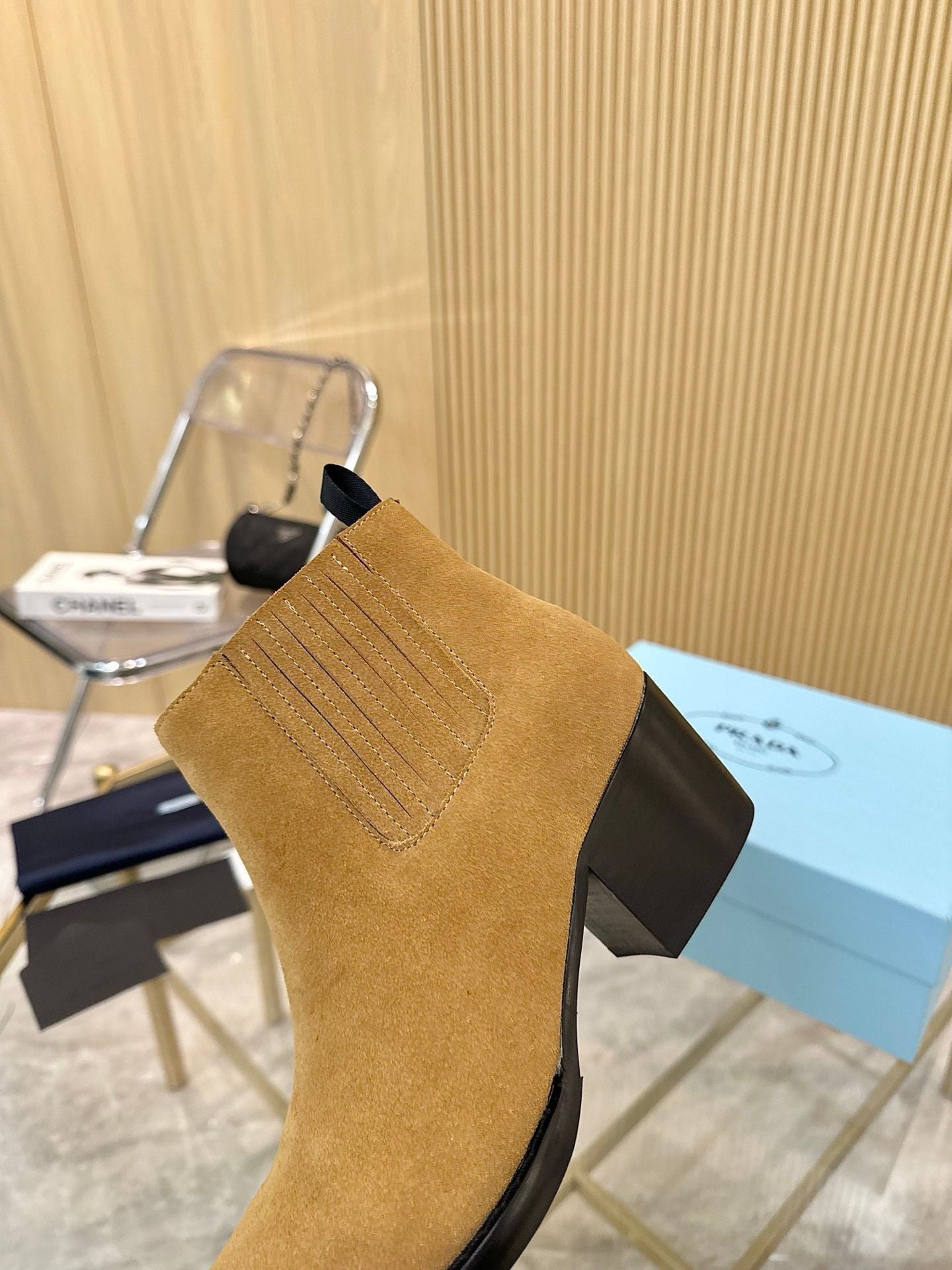 Prada Suede Pointed-Toe Chelsea Ankle Boots with Block Heel 8