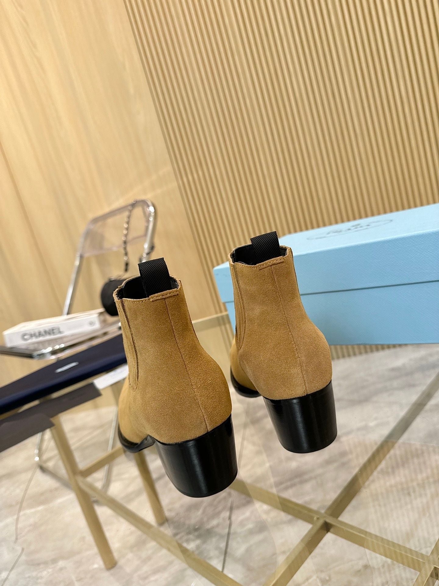Prada Suede Pointed-Toe Chelsea Ankle Boots with Block Heel 9