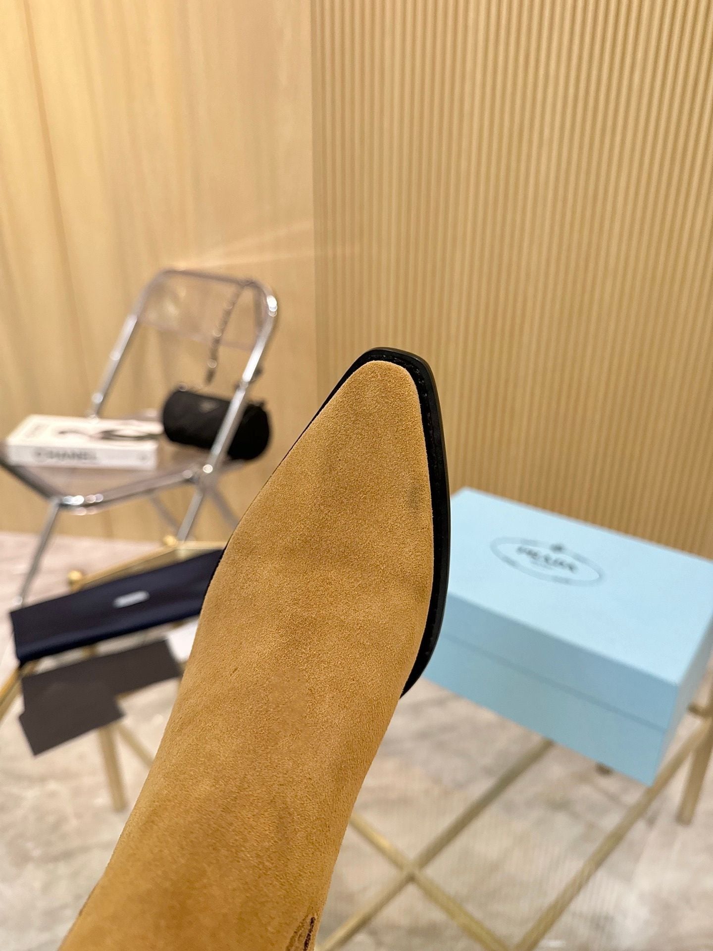 Prada Suede Pointed-Toe Chelsea Ankle Boots with Block Heel 10