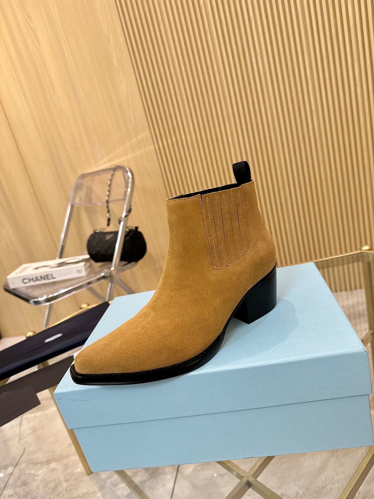 Prada Suede Pointed-Toe Chelsea Ankle Boots with Block Heel 11