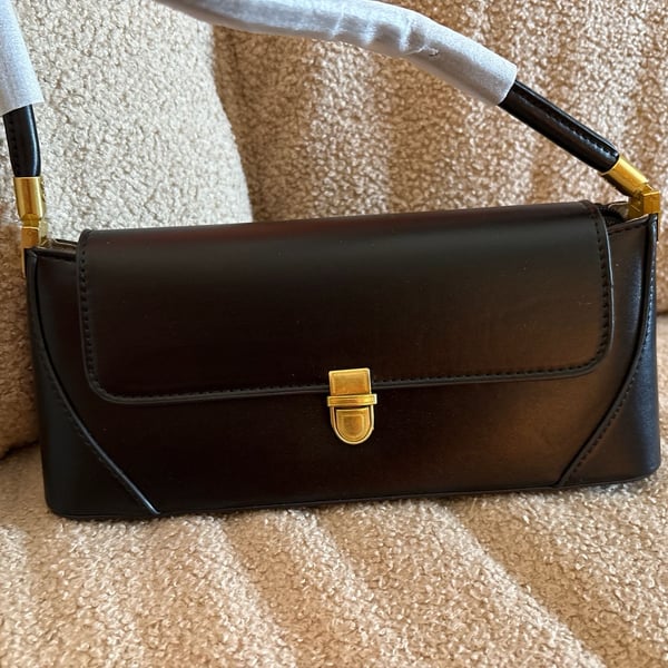 Vintage Black Faux Leather Small Shoulder Bag with Gold Hardware