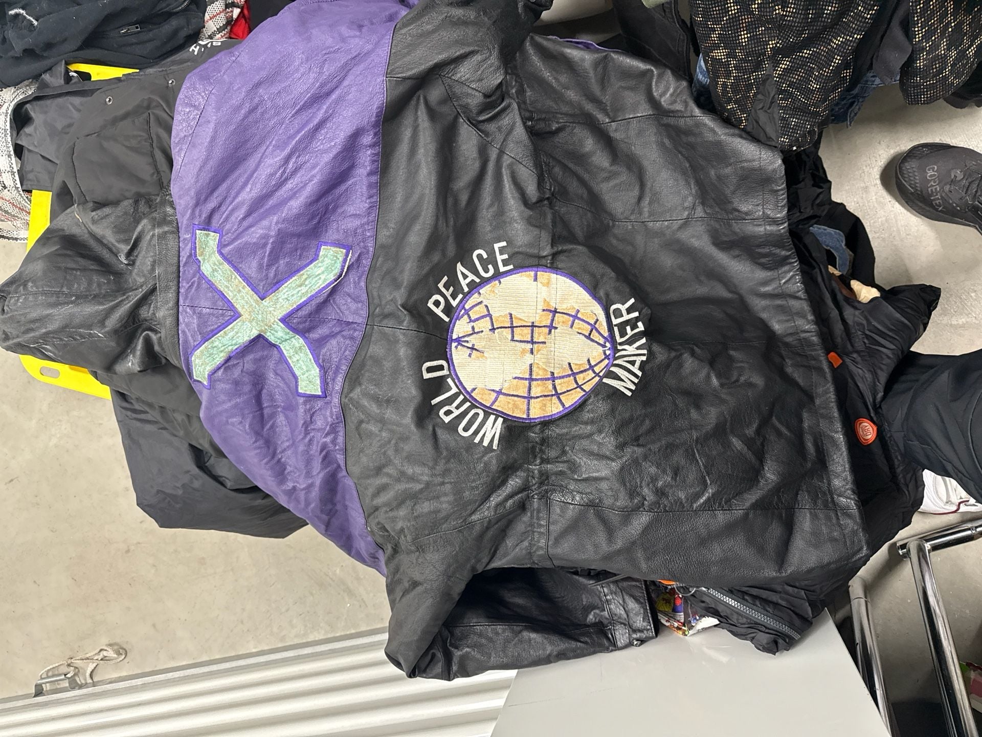 Vintage 90s Demand Co. World Peace Maker Leather Jacket Purple Black Big X 4