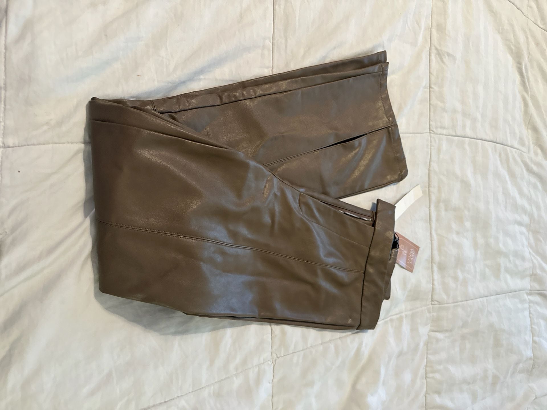 Papermoon Faux Leather Pants Womens S Brown High Rise Flare Y2K Split Hem NWT 12