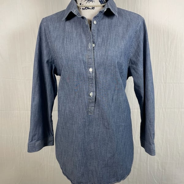 Lands' End Women's Blue Chambray Popover 3/4 Sleeve Tunic Shirt Size 14