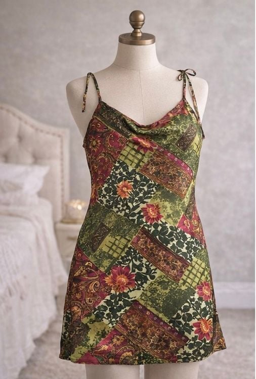 Monet Lifestyle Co. Vintage Style Patchwork Print Cowl Neck Mini night gown 5