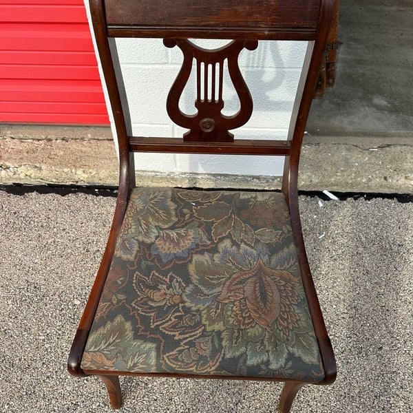 Vintage Mahogany Lyre Back Side Chair with Floral Needlepoint Seat