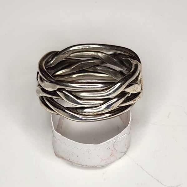 Vintage 925 Sterling Silver Wide Multi-Strand Wrapped Wire Bird Nest Ring Sz 7