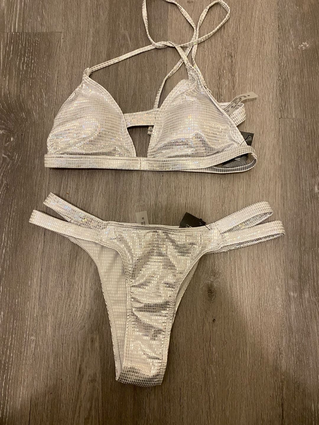 Shiny Silver Iridescent Disco Mosaic Geometric Bikini Two-Piece Set 2