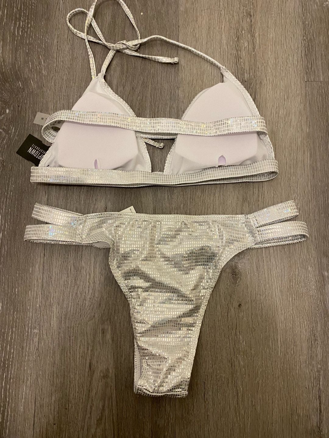 Shiny Silver Iridescent Disco Mosaic Geometric Bikini Two-Piece Set 3
