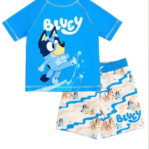 💟Bluey Toddler Boys 2-Piece Rash Guard and Swim Trunks Set Size: 4/5
