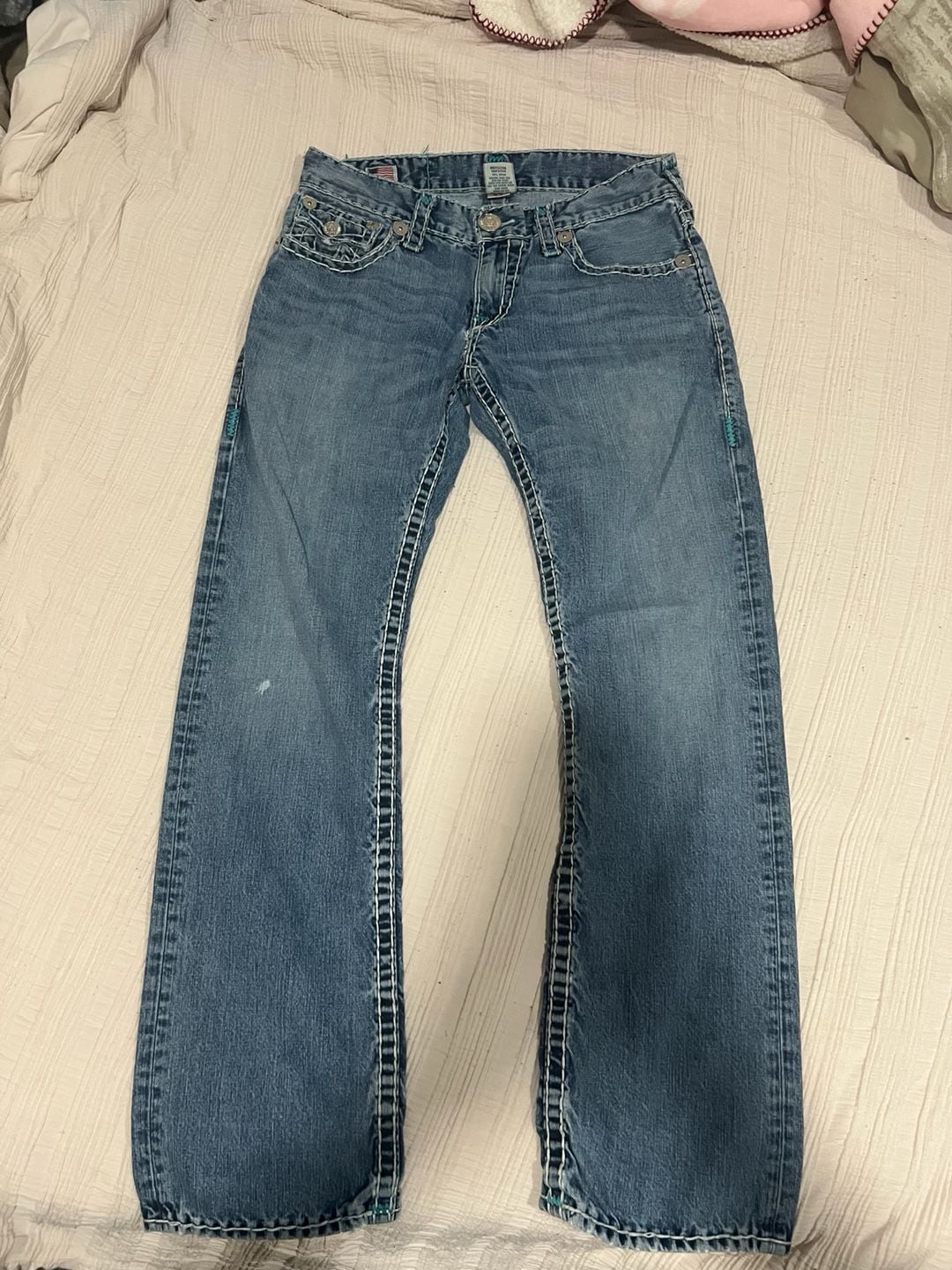 Vintage True Religion Ricky Super T Straight Leg Jeans Blue Teal Stitch Made in USA Size 33 2