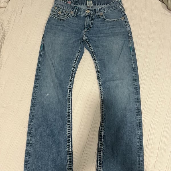 Vintage True Religion Ricky Super T Straight Leg Jeans Blue Teal Stitch Made in USA Size 33