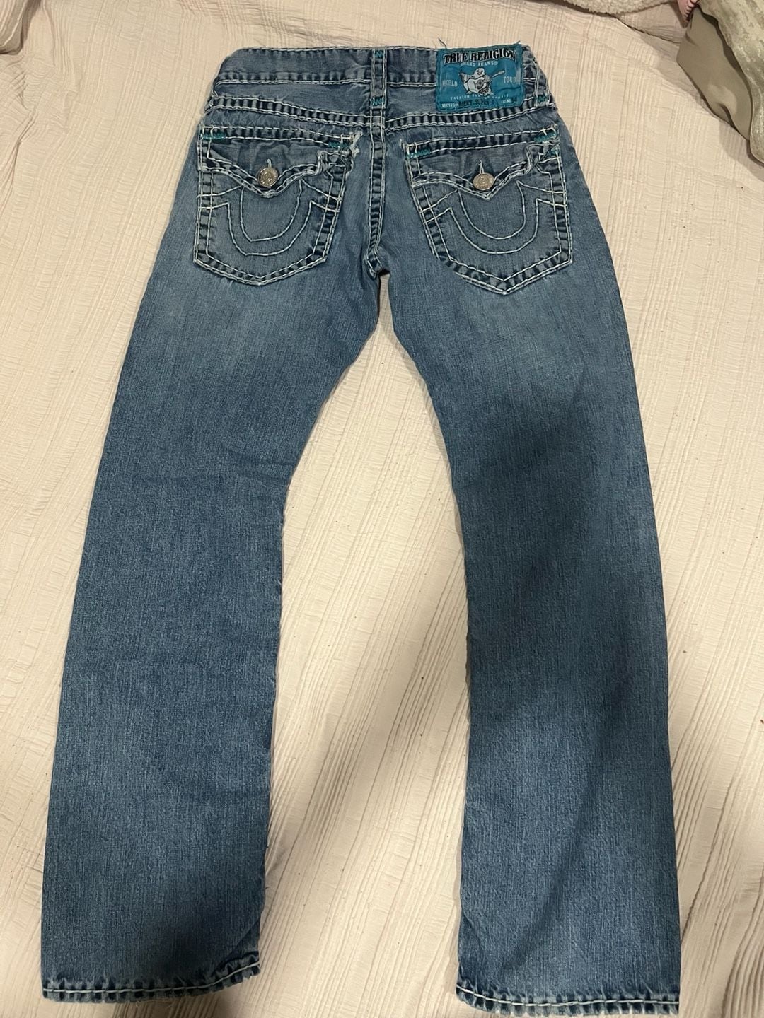 Vintage True Religion Ricky Super T Straight Leg Jeans Blue Teal Stitch Made in USA Size 33 3