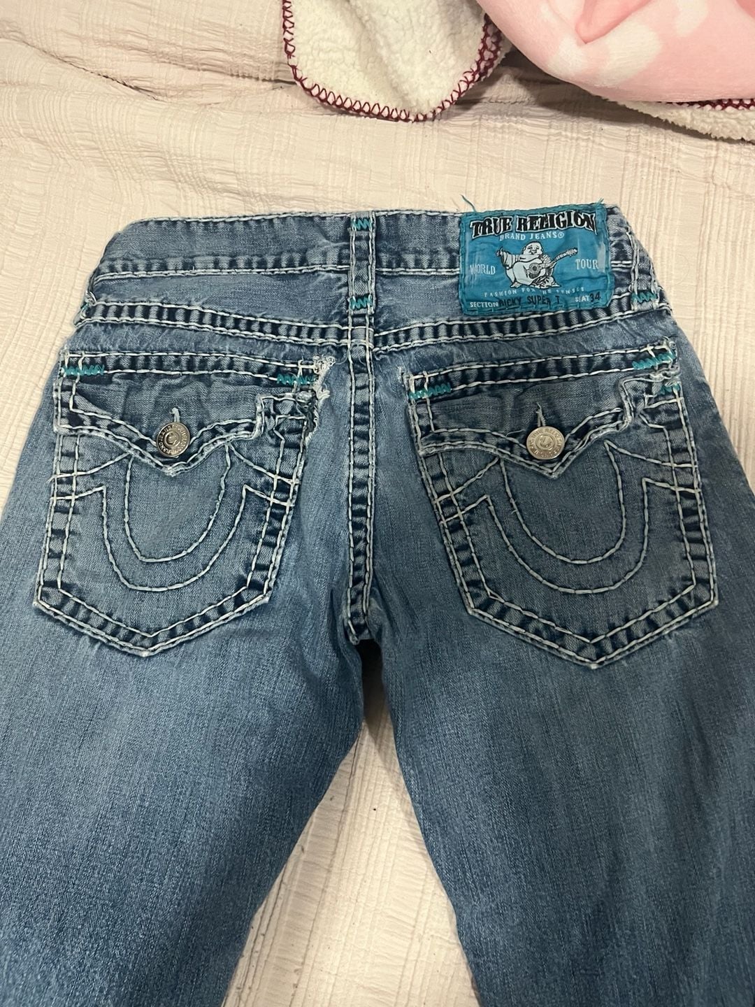 Vintage True Religion Ricky Super T Straight Leg Jeans Blue Teal Stitch Made in USA Size 33 4