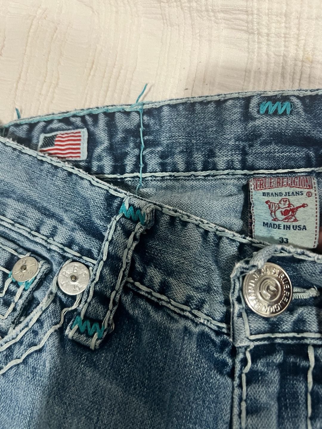 Vintage True Religion Ricky Super T Straight Leg Jeans Blue Teal Stitch Made in USA Size 33 5